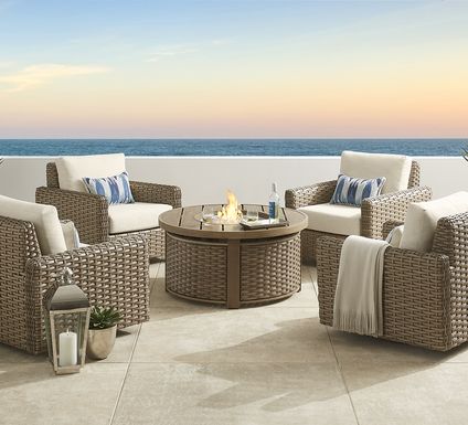 Siesta Key Driftwood 5 Pc Fire Pit Seating Set with Linen Cushions