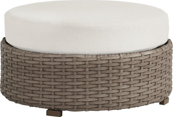 Siesta Key Driftwood Round Outdoor Ottoman with Linen Cushions