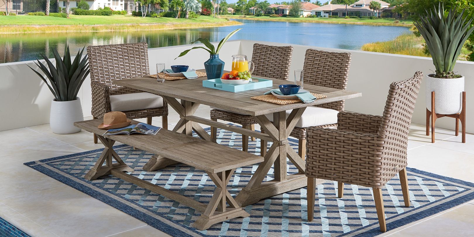 photo of wooden dining set with beige cushions