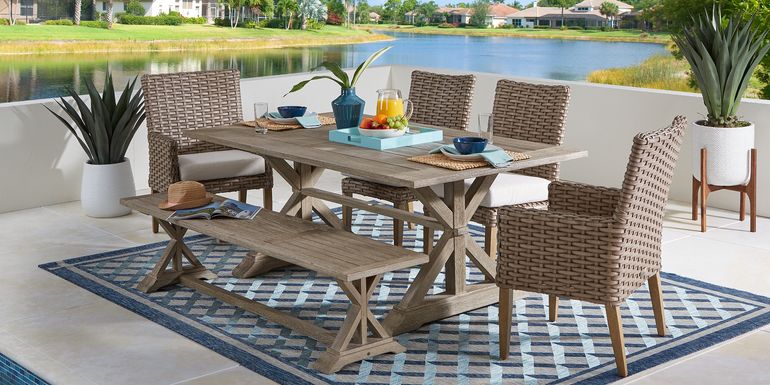 Siesta Key Light Wood 6 Pc 76 in. Rectangle Outdoor Dining Set with Linen Cushions