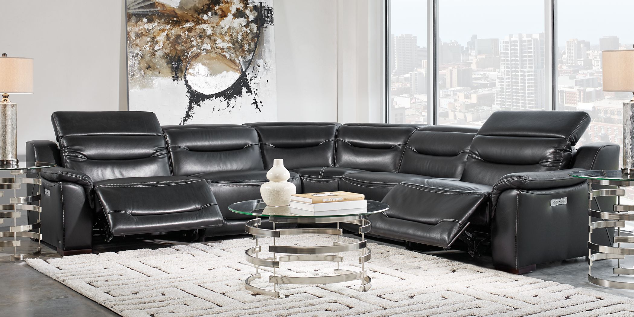 Sofia Vergara Gallia Black Leather 5 Pc Dual Power Reclining Sectional