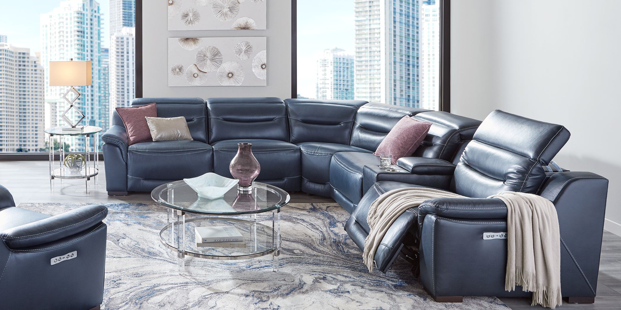 Sofia Vergara Gallia Way Navy Leather 7 Pc Dual Power Sectional Living