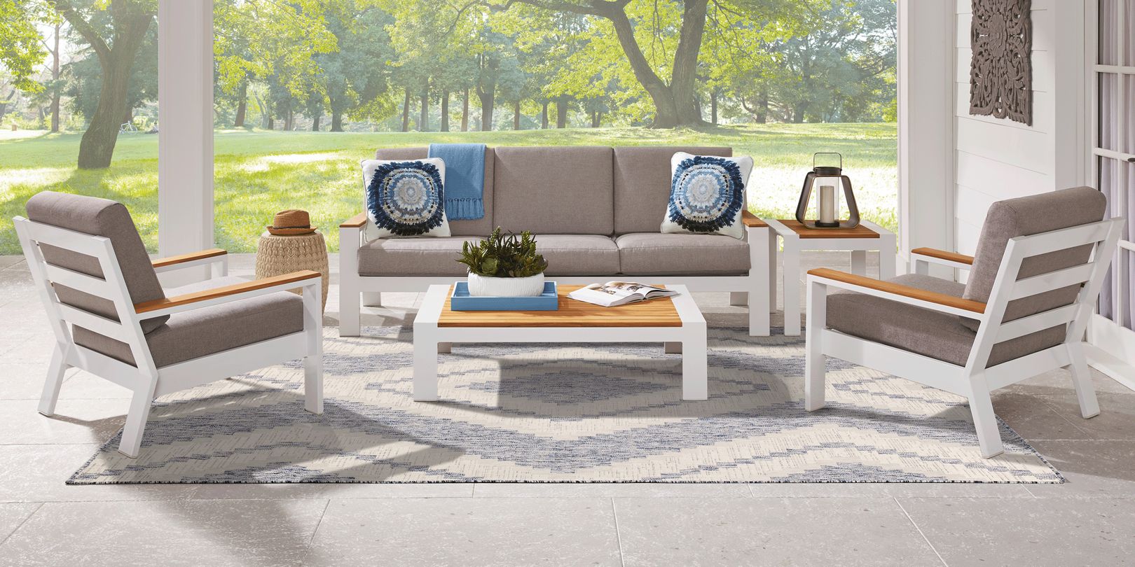 Photo of White, Gray and Wood Outdoor Seating Set