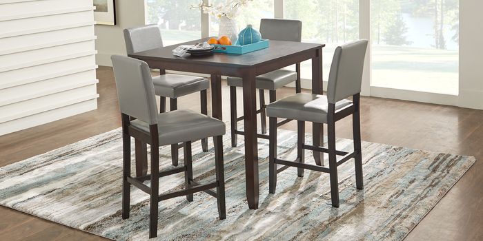 sunset view brown cherry 5 pc counter height dining set with gray stools