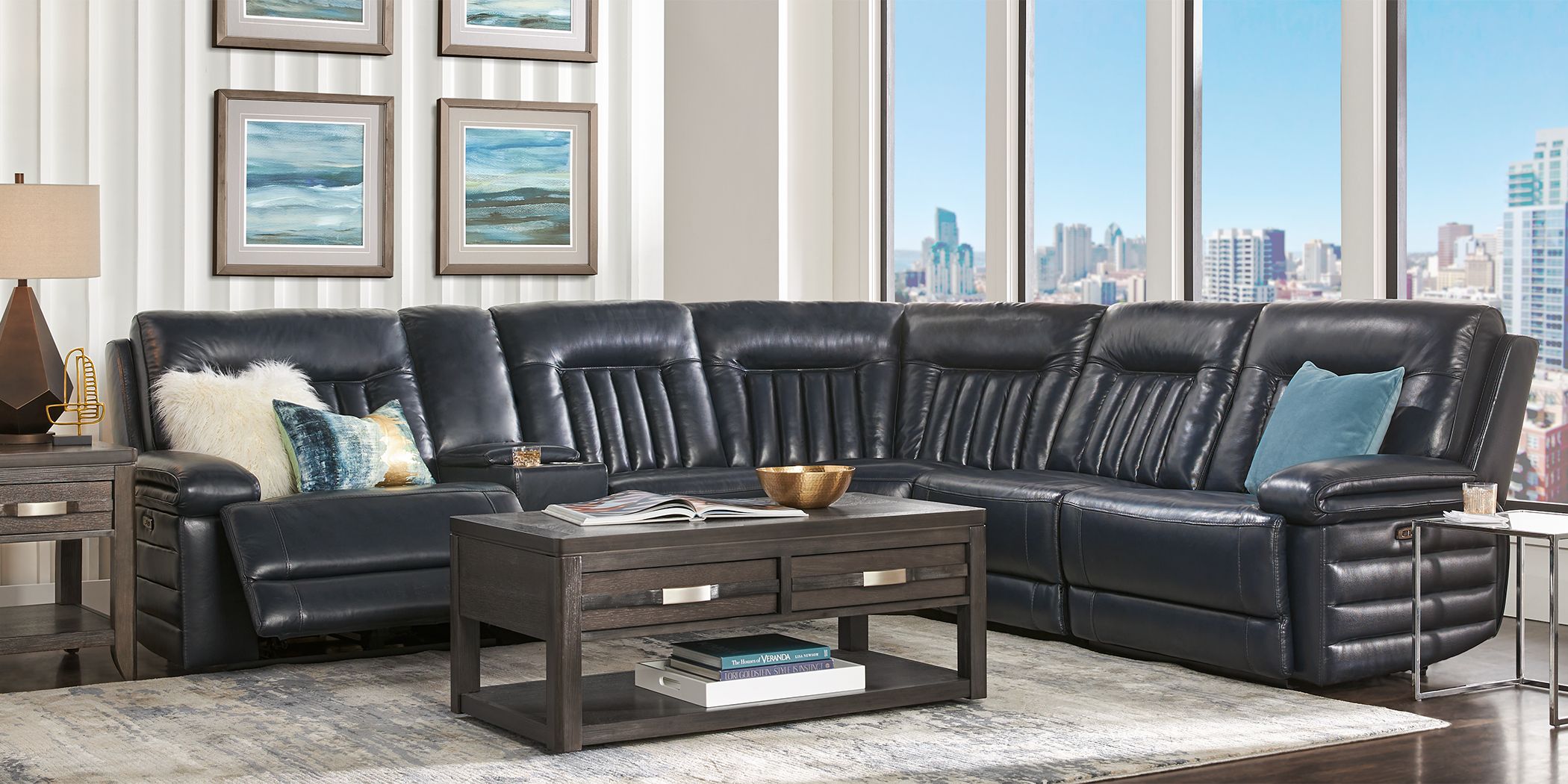 Terenzo Blue Leather 6 Pc Dual Power Reclining Sectional Rooms To Go