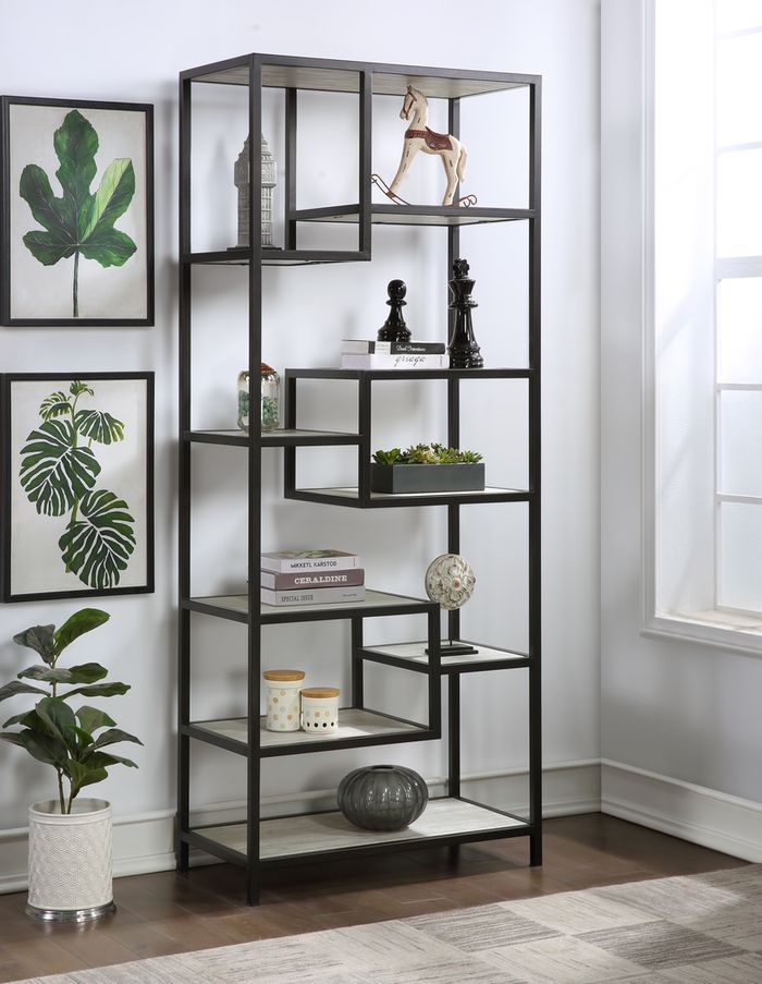 bookcase with wall art