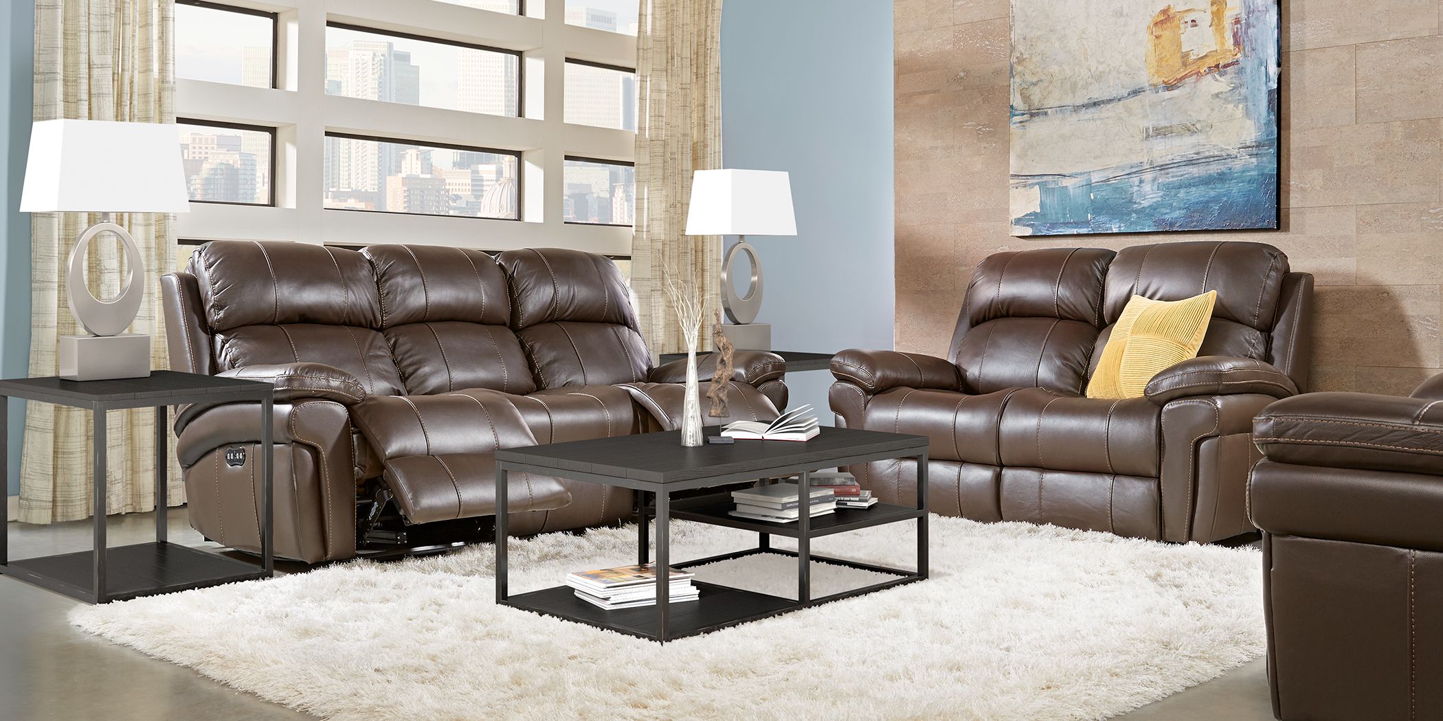 Trevino Chocolate Leather 5 Pc Living Room with Reclining Sofa Rooms To Go