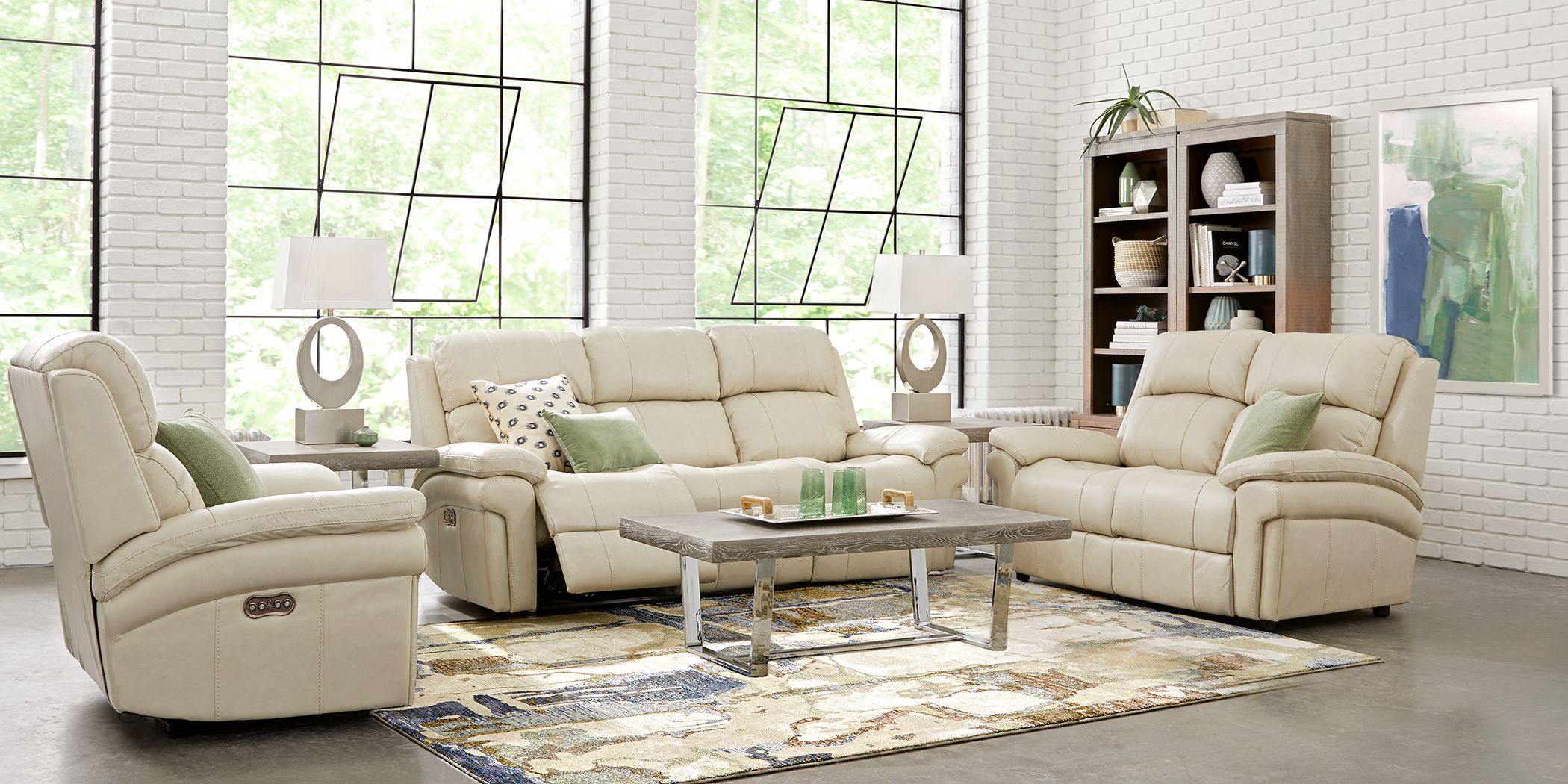 Trevino Place Cream Leather 5 Pc Living Room with Reclining Sofa ...