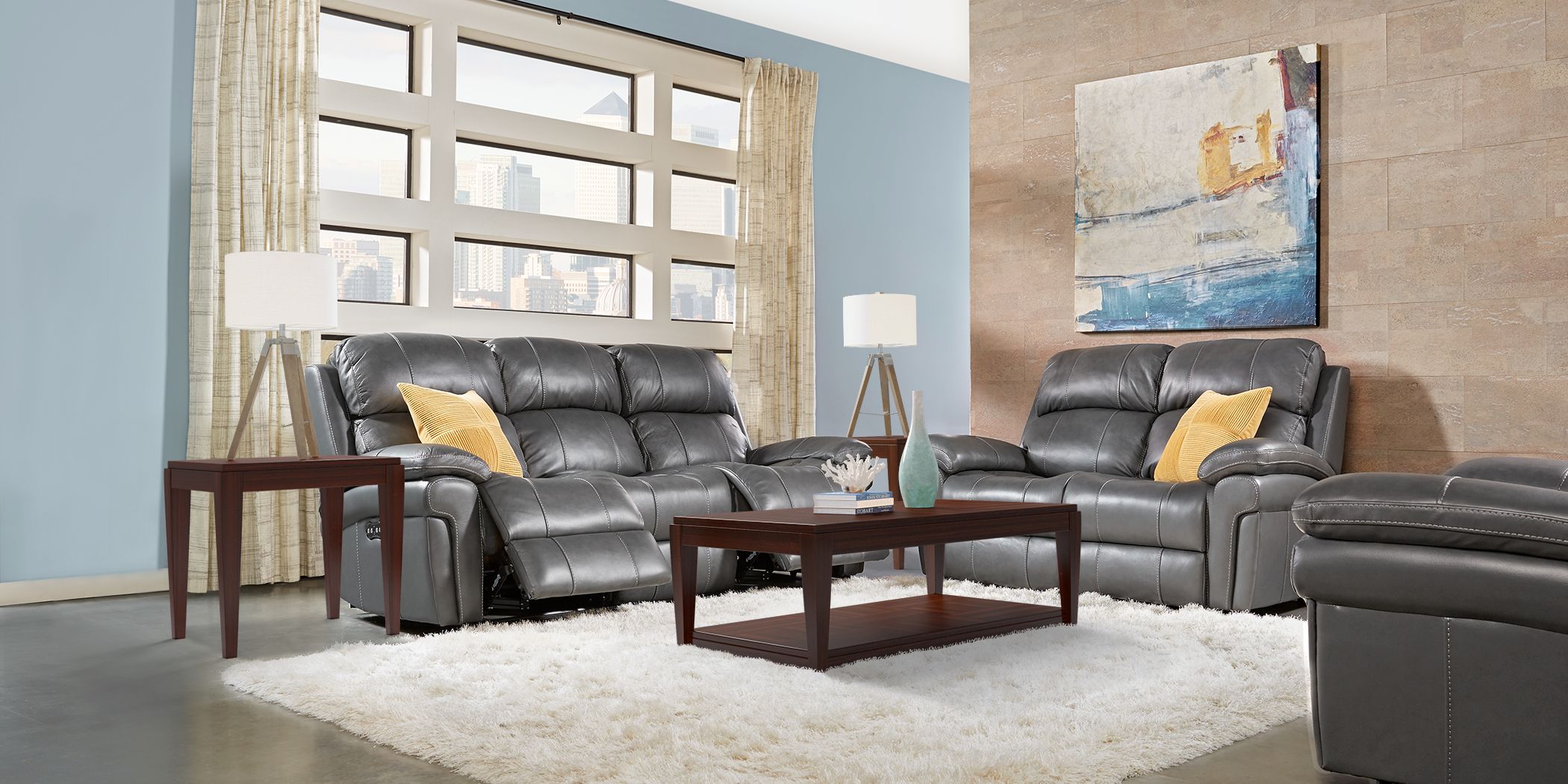 Trevino Place Smoke Leather 7 Pc Living Room with Reclining Sofa Rooms To Go