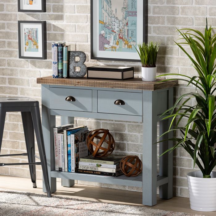 gray console table with decor