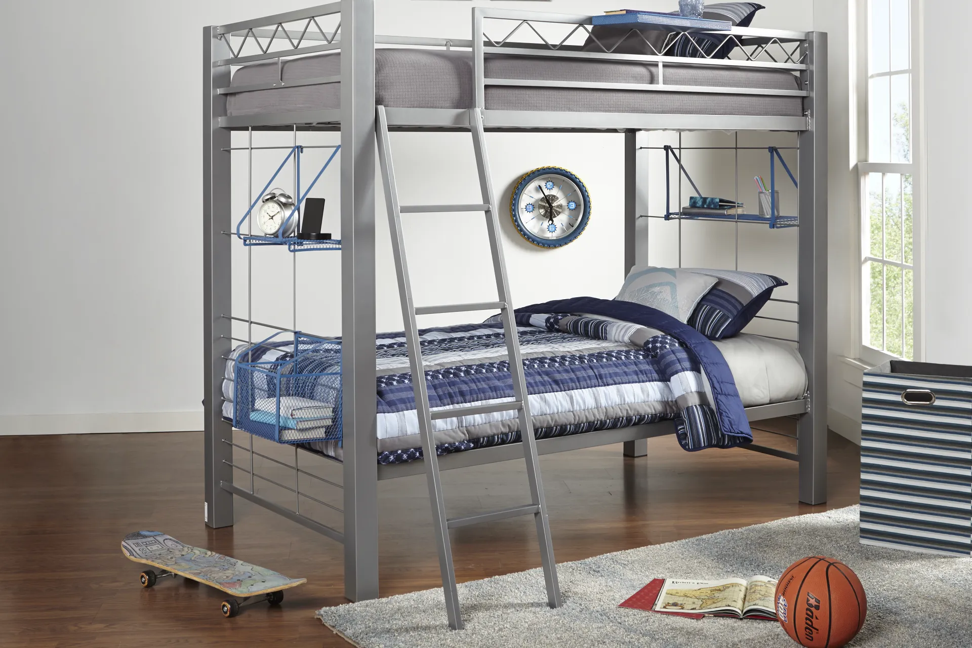 Build-a-Bunk Gray Twin/Twin Bunk Bed with Blue Accessories - Image 1