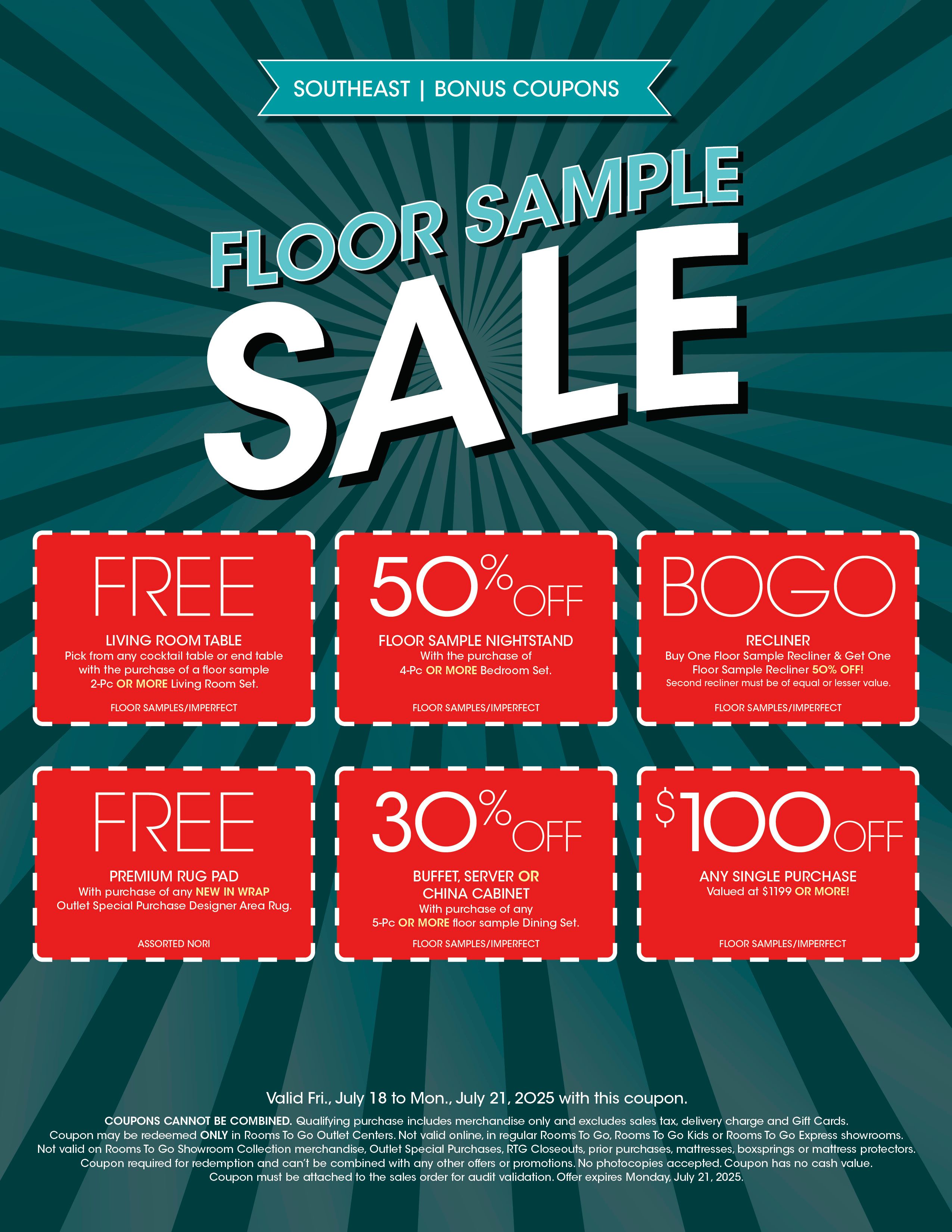 Floor sample sale with coupons. Offers include free living room table, 50% off nightstand, BOGO recliner, free rug pad, 30% off buffet, and $100 off purchase.
