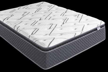 Mattress with a white top and gray sides.
