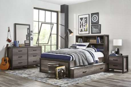 5 piece wooden bedroom set with bed, dresser, accent tables, and bed with storage