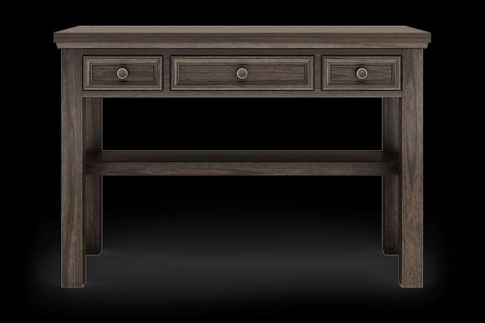Wooden console table with three drawers and a lower shelf.
