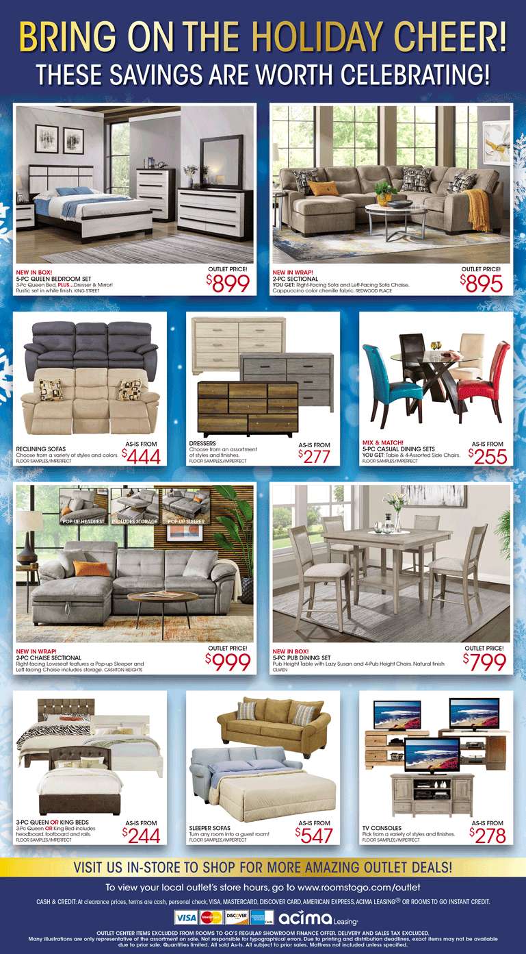 Promotional image with furniture deals, including bedroom sets, sectionals, and dining sets.
