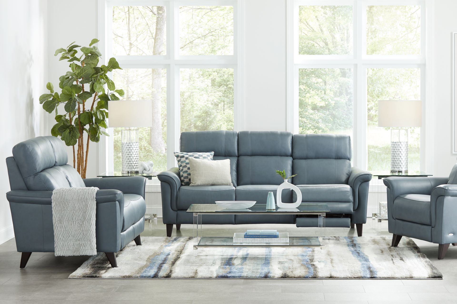 Avezzano Blue Leather 3 Pc Dual Power Reclining Living Room - Image 1