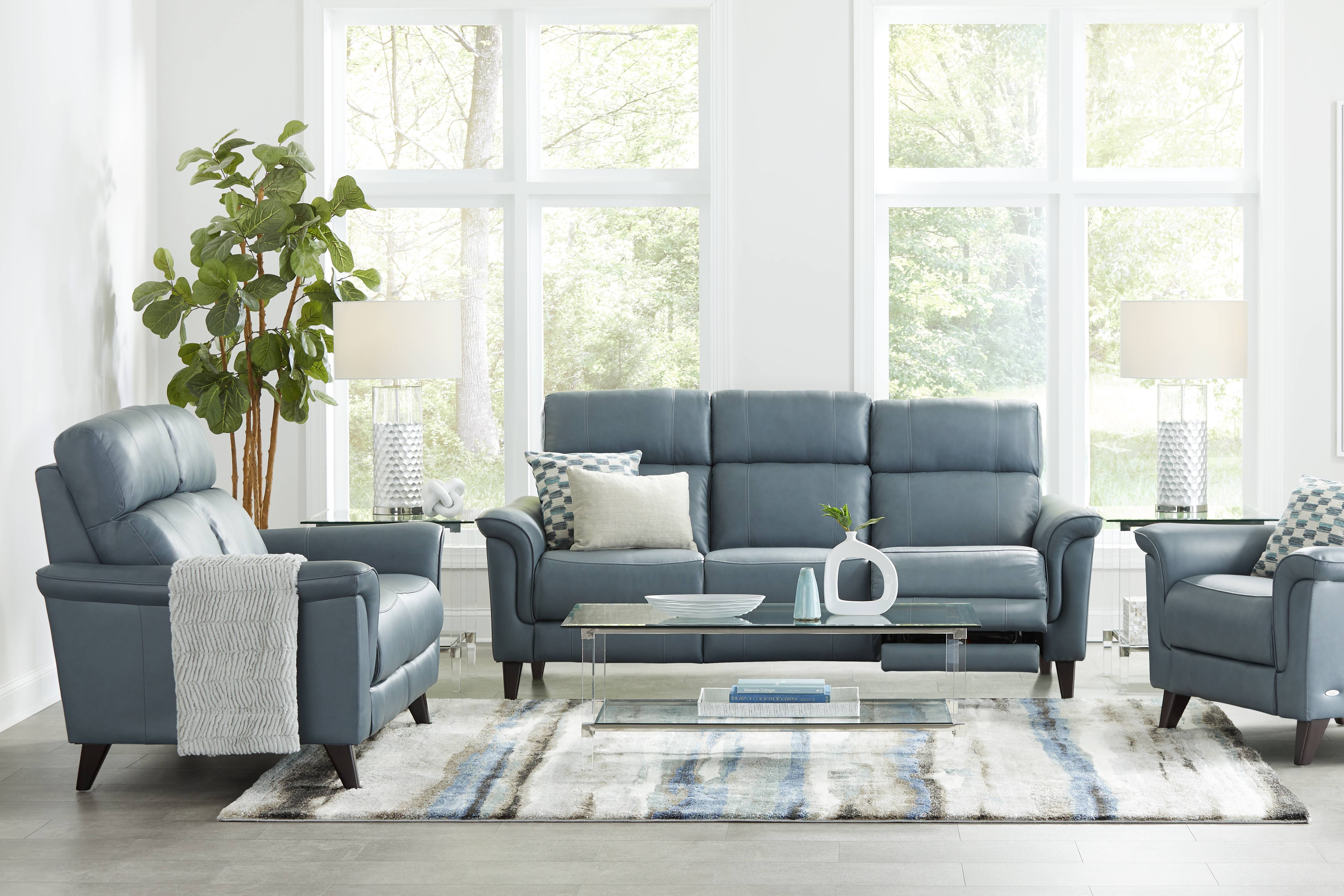 Avezzano Blue Leather 5 Pc Living Room with Dual Power Reclining Sofa - Thumbnail - Image 1