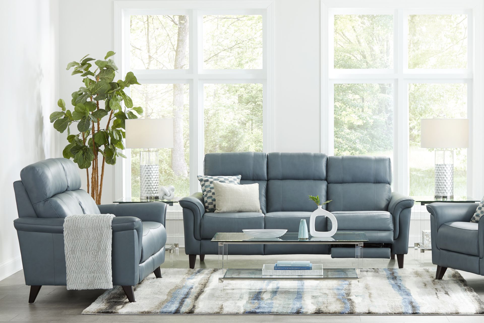 Avezzano Blue Leather 5 Pc Living Room with Dual Power Reclining Sofa - Image 1