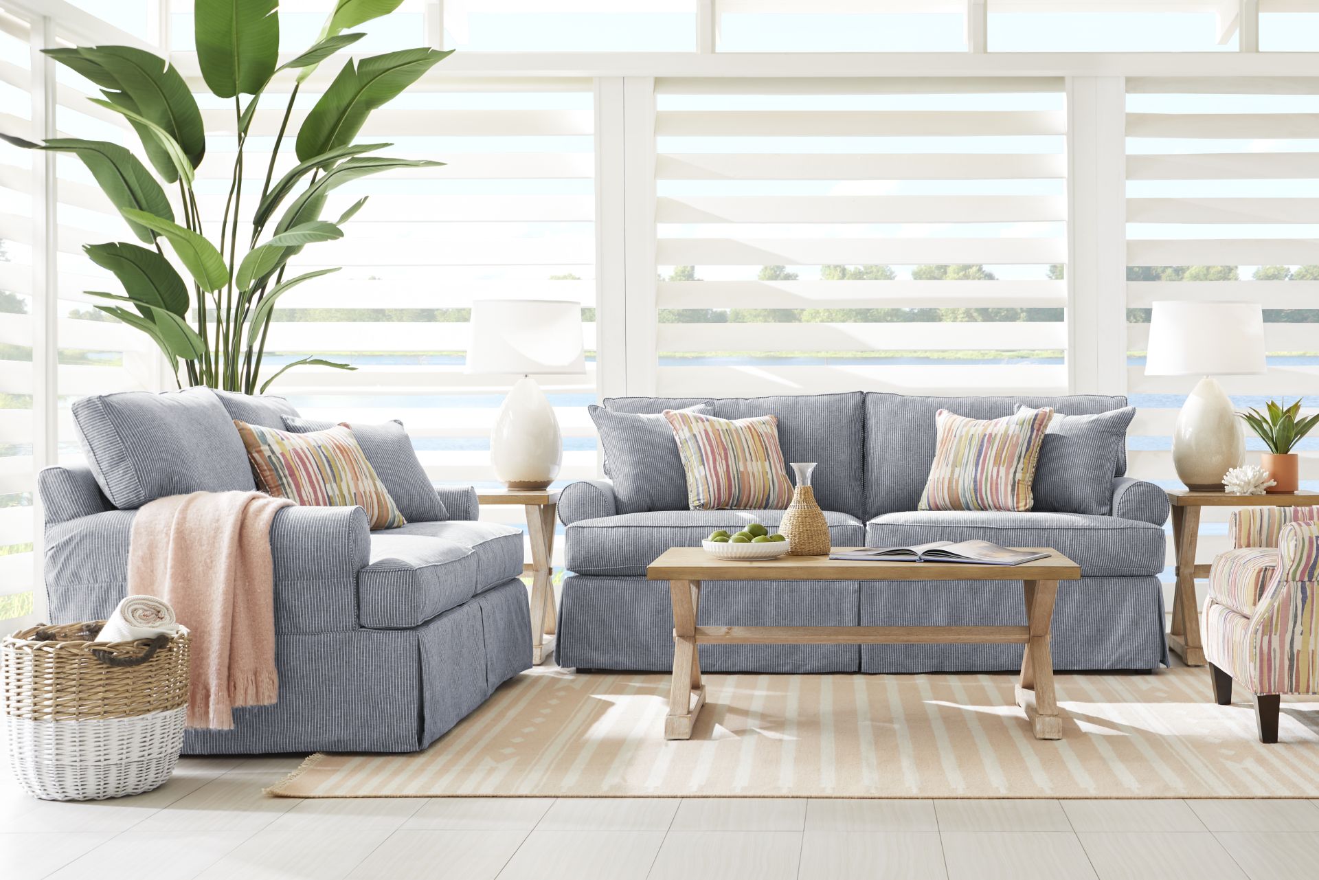 Beachside Walk Blue Denim Slipcover 7 Pc Living Room with Sleeper Sofa - Image 1