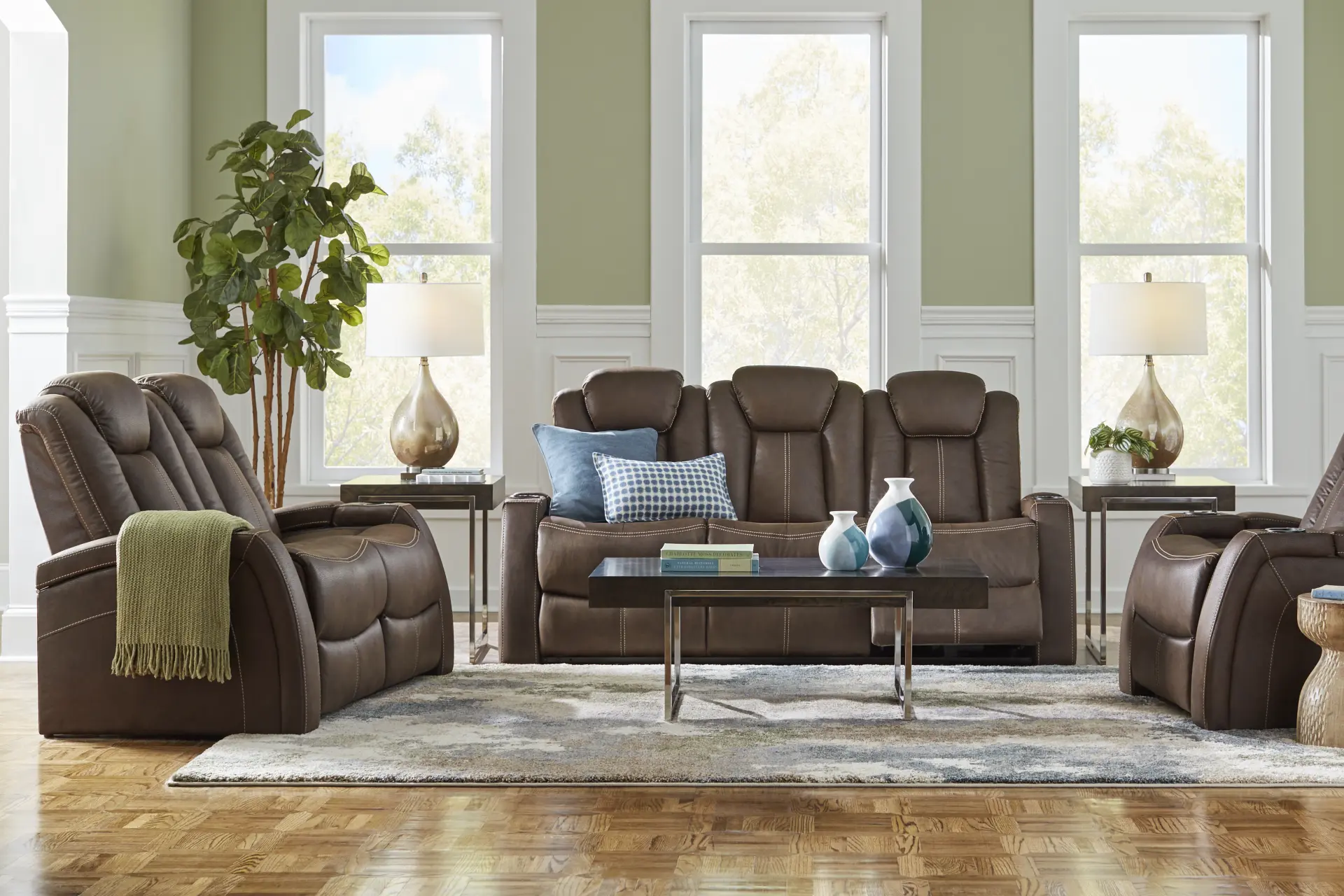 Crestline Brown 5 Pc Living Room with Dual Power Reclining Sofa