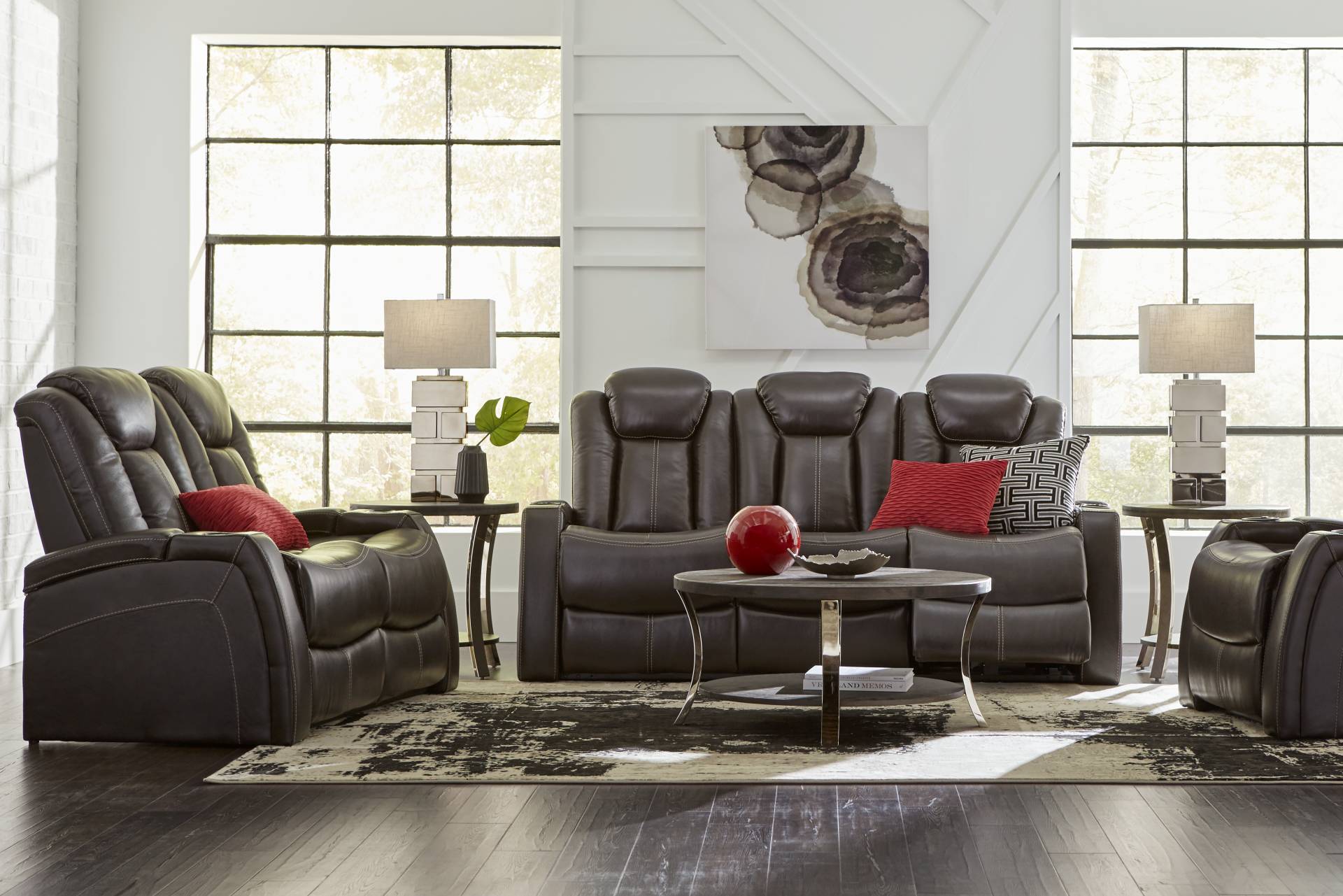 Moretti Brown Leather 8 Pc Living Room with Dual Power Reclining Sofa full room