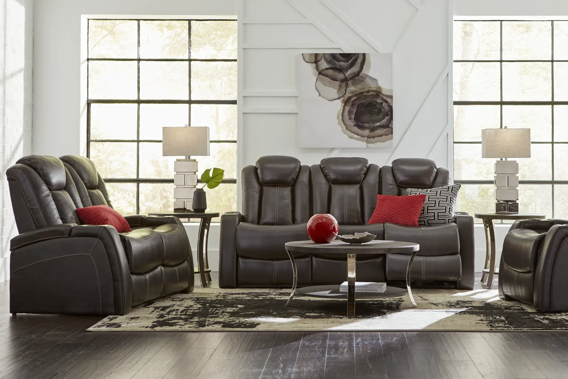 Moretti Brown Leather 5 Pc Living Room with Dual Power Reclining Sofa