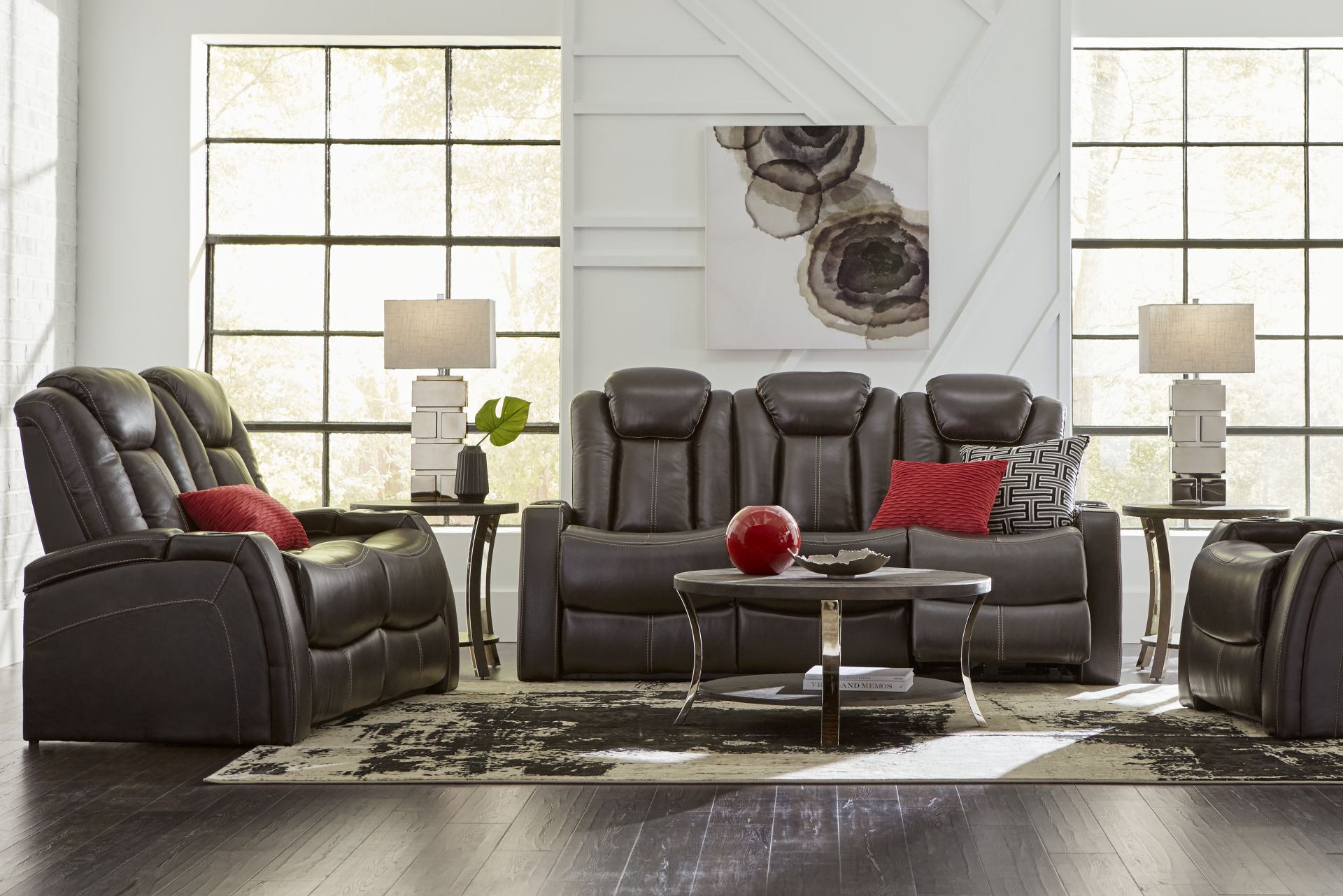 Moretti Brown Leather 5 Pc Living Room with Dual Power Reclining Sofa - Image 1