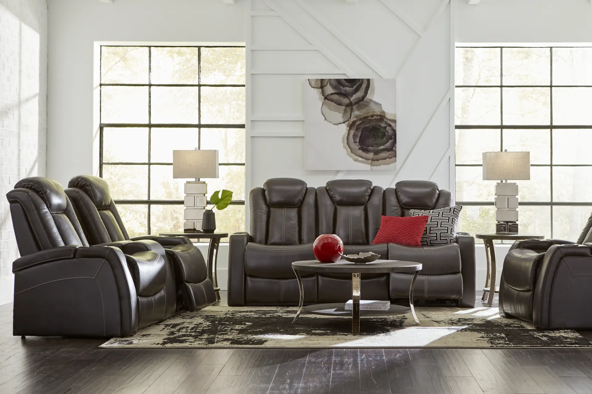 Moretti Brown Leather 5 Pc Dual Power Reclining Living Room