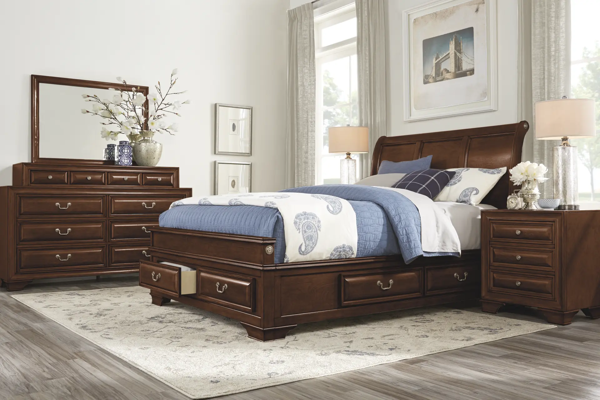 Mill Valley II Cherry Finish 7 Pc Queen Sleigh Bedroom with Storage