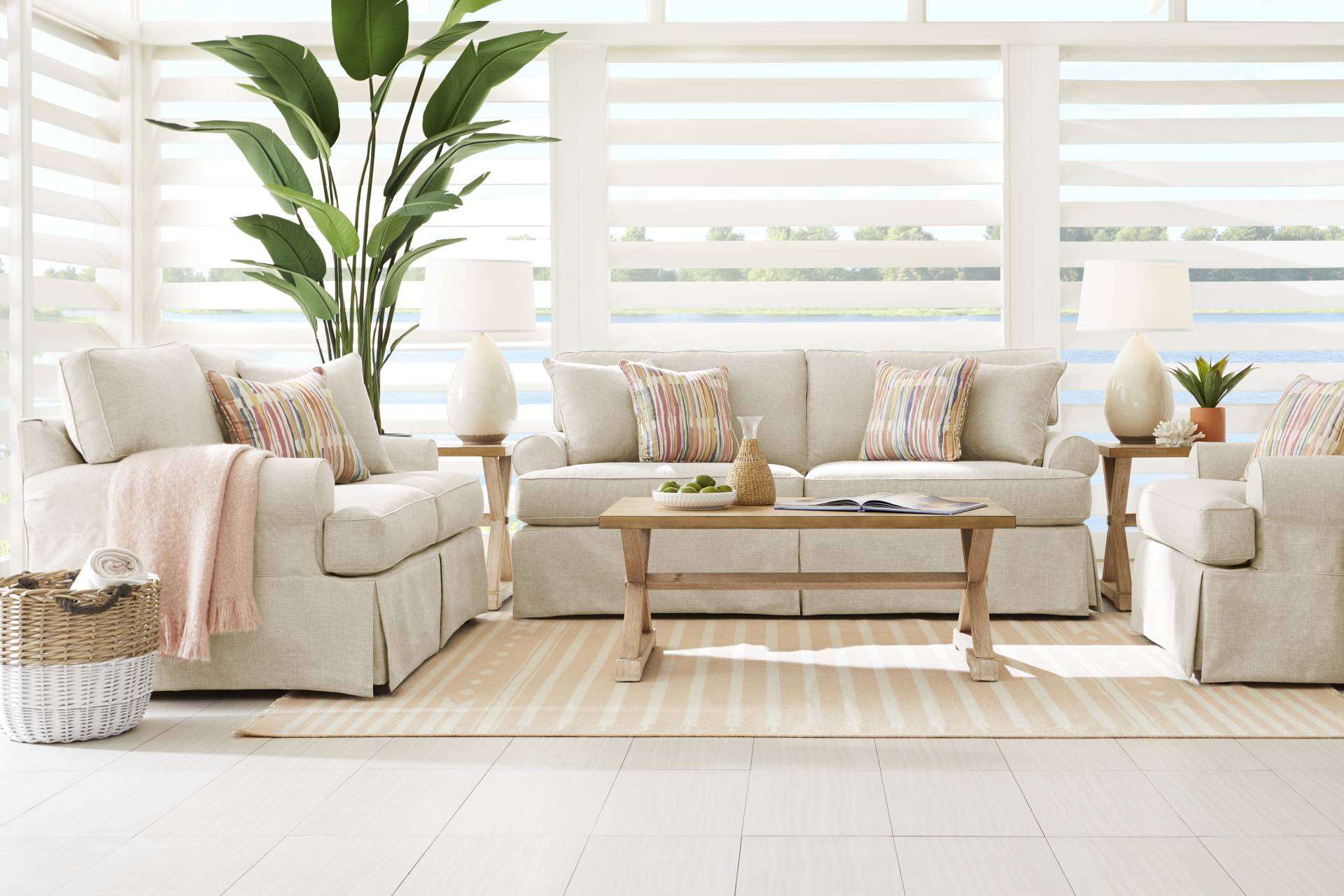 Beachside Walk Linen Textured Slipcover 5 Pc Living Room full room