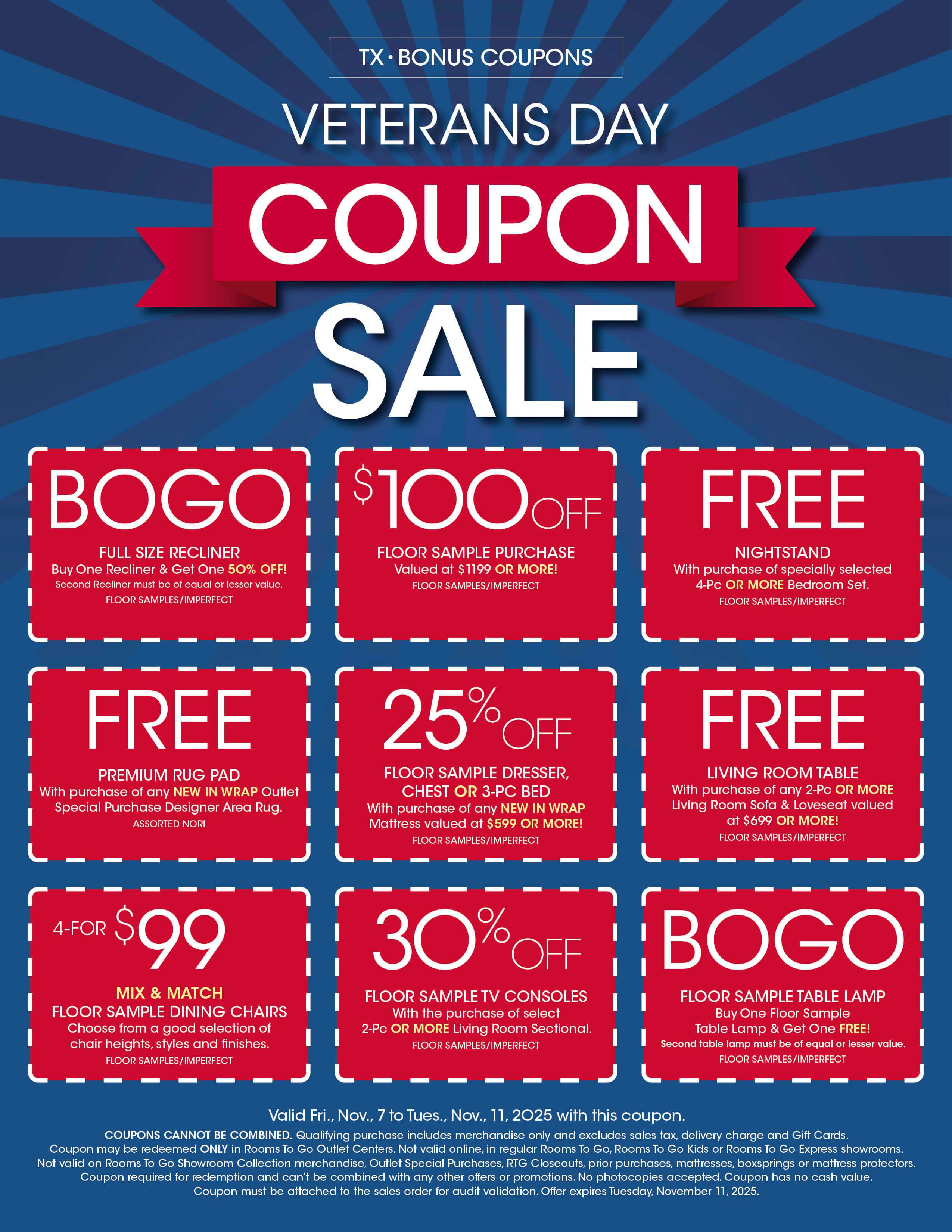 Veterans Day coupon sale with various furniture discounts.
