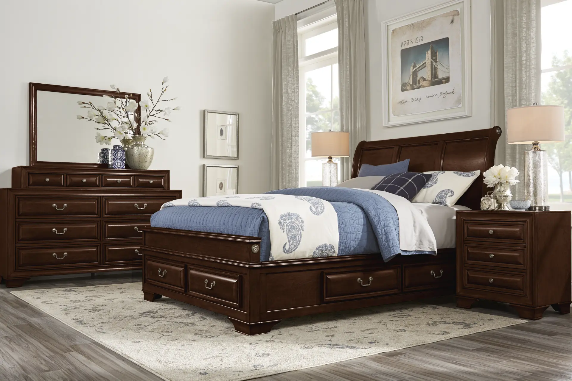 Mill Valley II Cherry Finish 5 Pc Queen Sleigh Bedroom with Storage