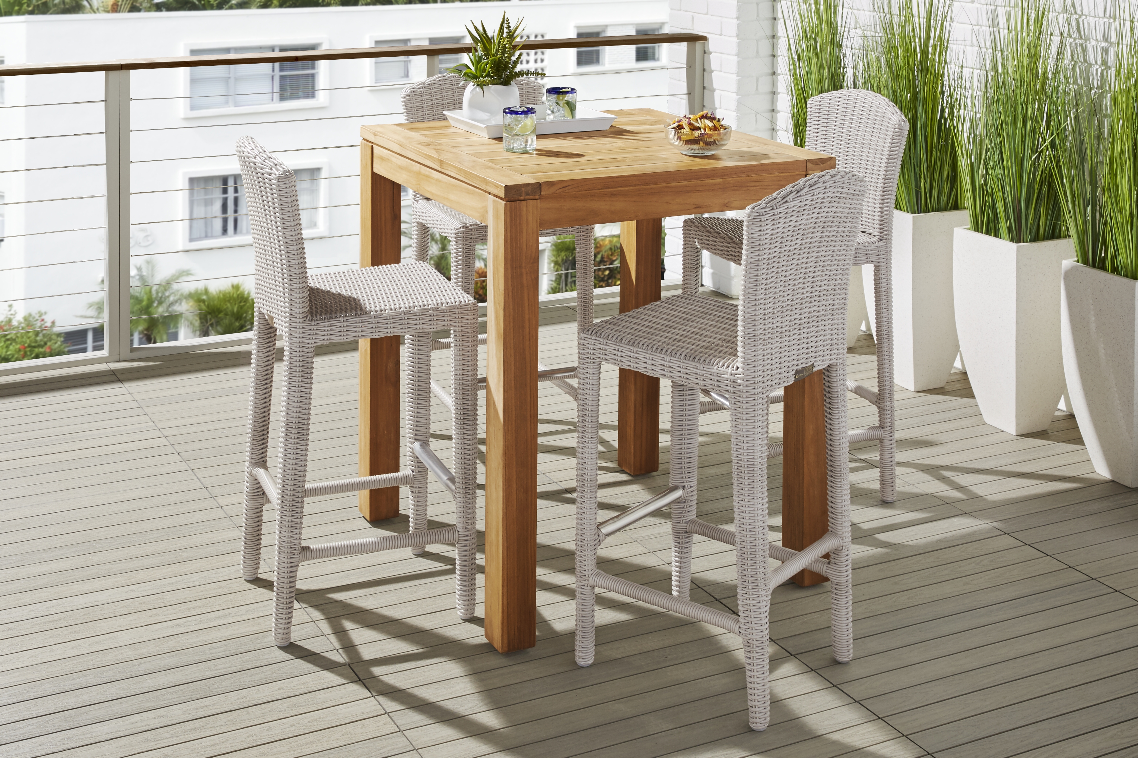 Patmos Teak 5 Pc 36 in. Square Bar Height Outdoor Dining Set with Gray Wicker Barstools - Thumbnail - Image 1