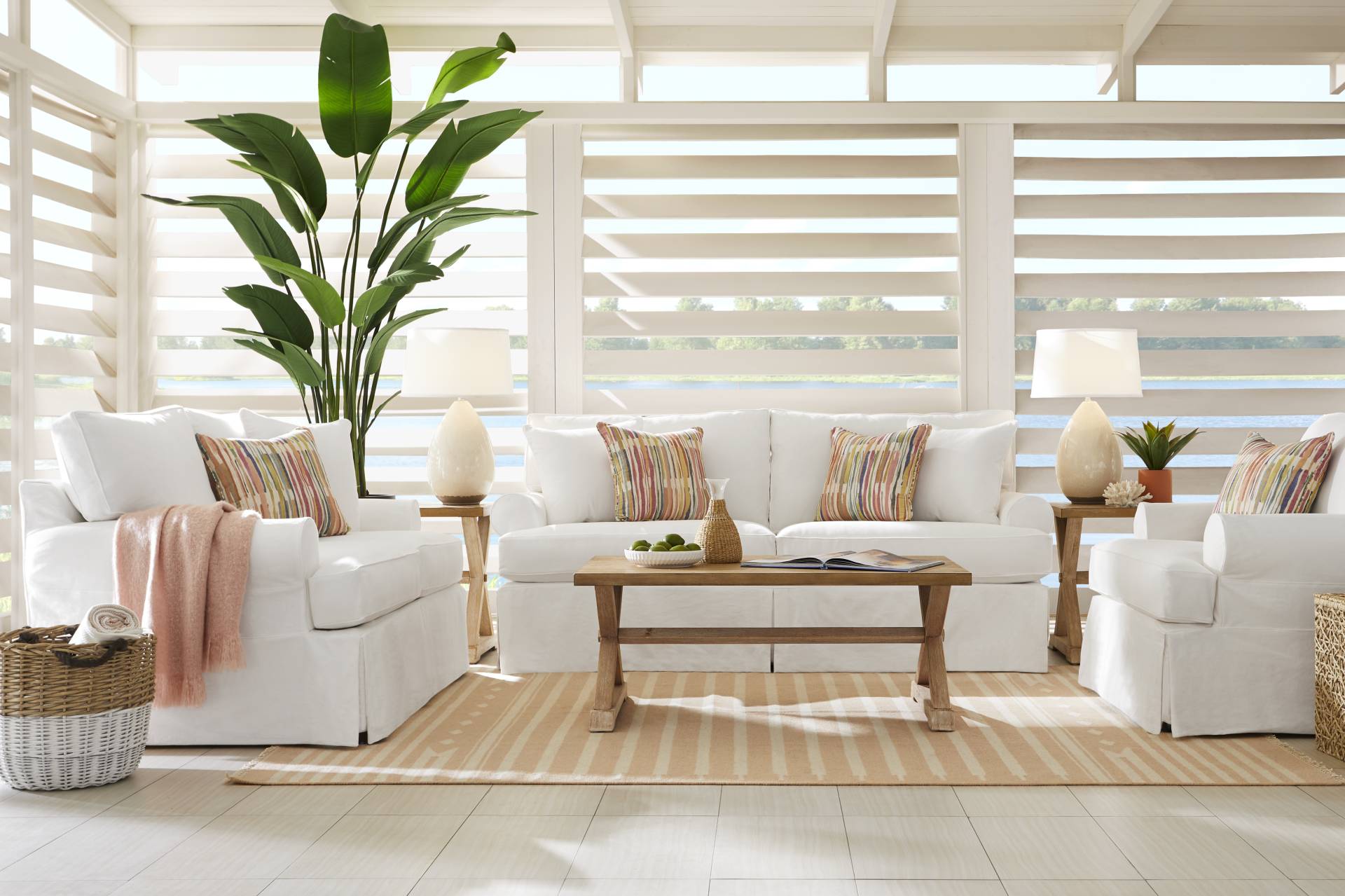 Beachside Walk White Denim Slipcover 5 Pc Living Room with Gel Foam Sleeper Sofa full room