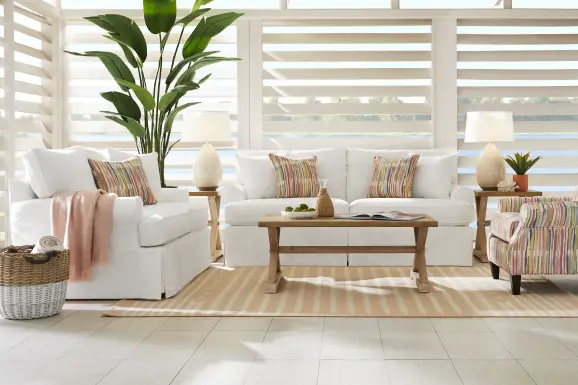 Beachside Walk White Denim Slipcover Sofa