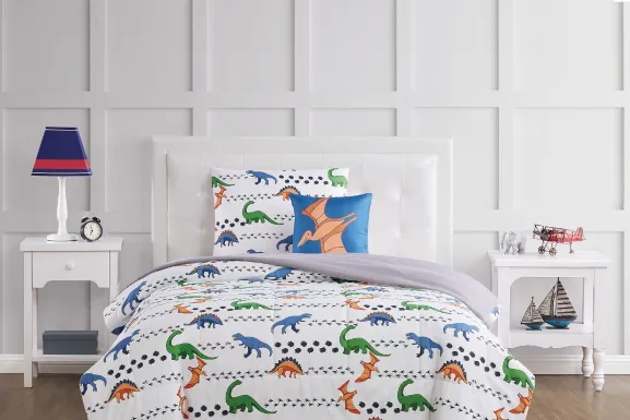 Kids Dino Venture White Full Quilt Set