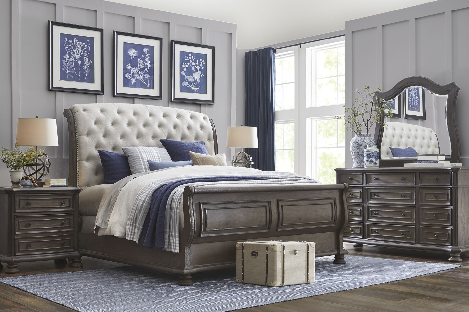 Armitage Dark Brown 5 Pc Queen Upholstered Bedroom - Image 1