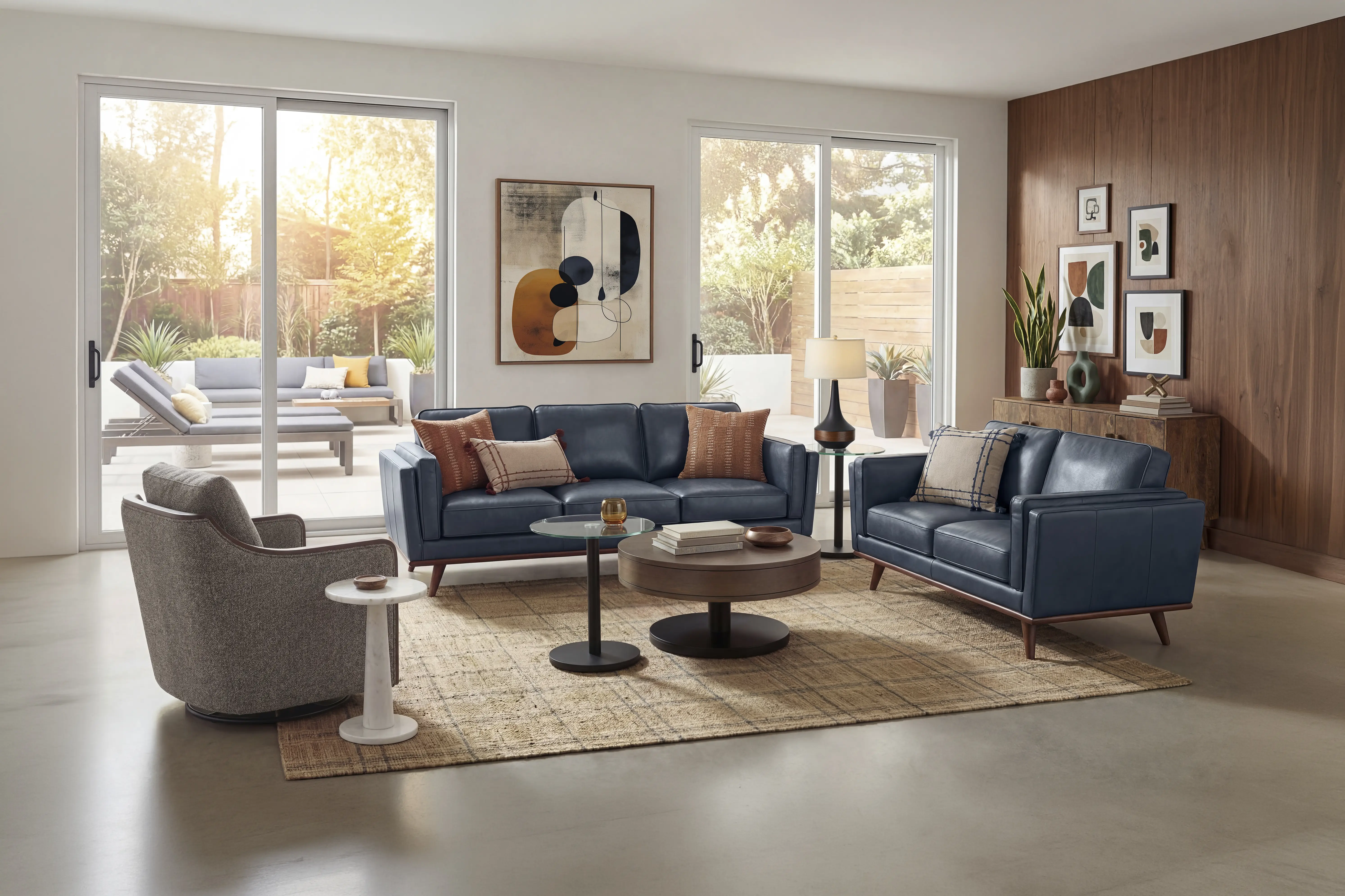 A modern living room featuring a navy blue leather sofa and loveseat, a round wooden coffee table, and a gray accent chair.