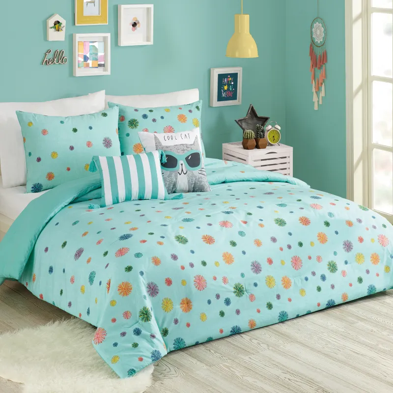 Kids Candy Cat Turquoise Twin Comforter Set