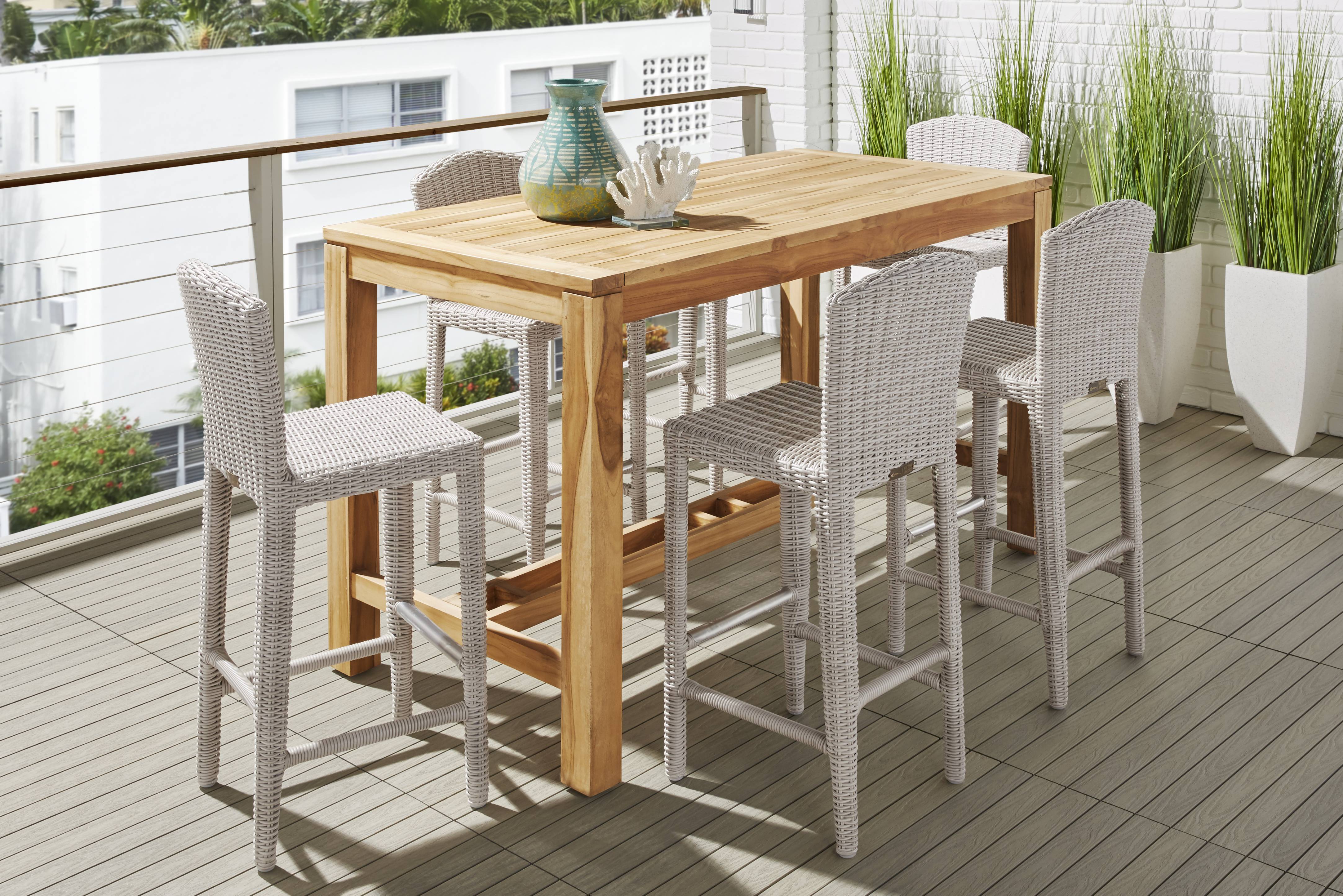 Patmos Teak 5 Pc 71 in. Rectangle Bar Height Outdoor Dining Set with Gray Wicker Barstools - Thumbnail - Image 1