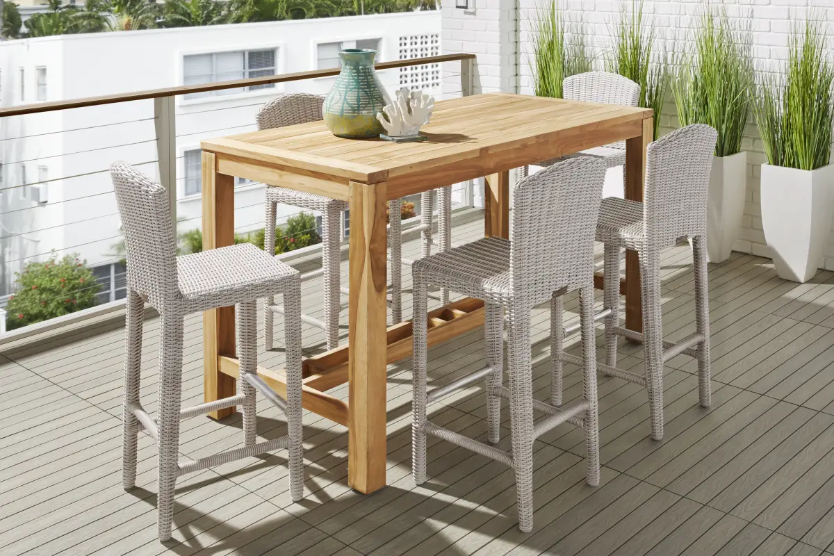 Patmos Teak 5 Pc 71 in. Rectangle Bar Height Outdoor Dining Set with Gray Wicker Barstools