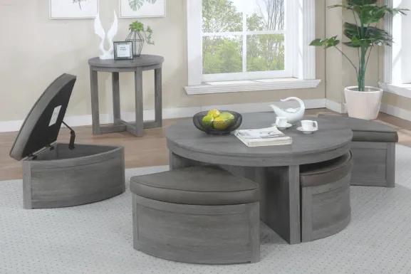 Darien Gray 3 Pc Table Set with Storage Ottomans