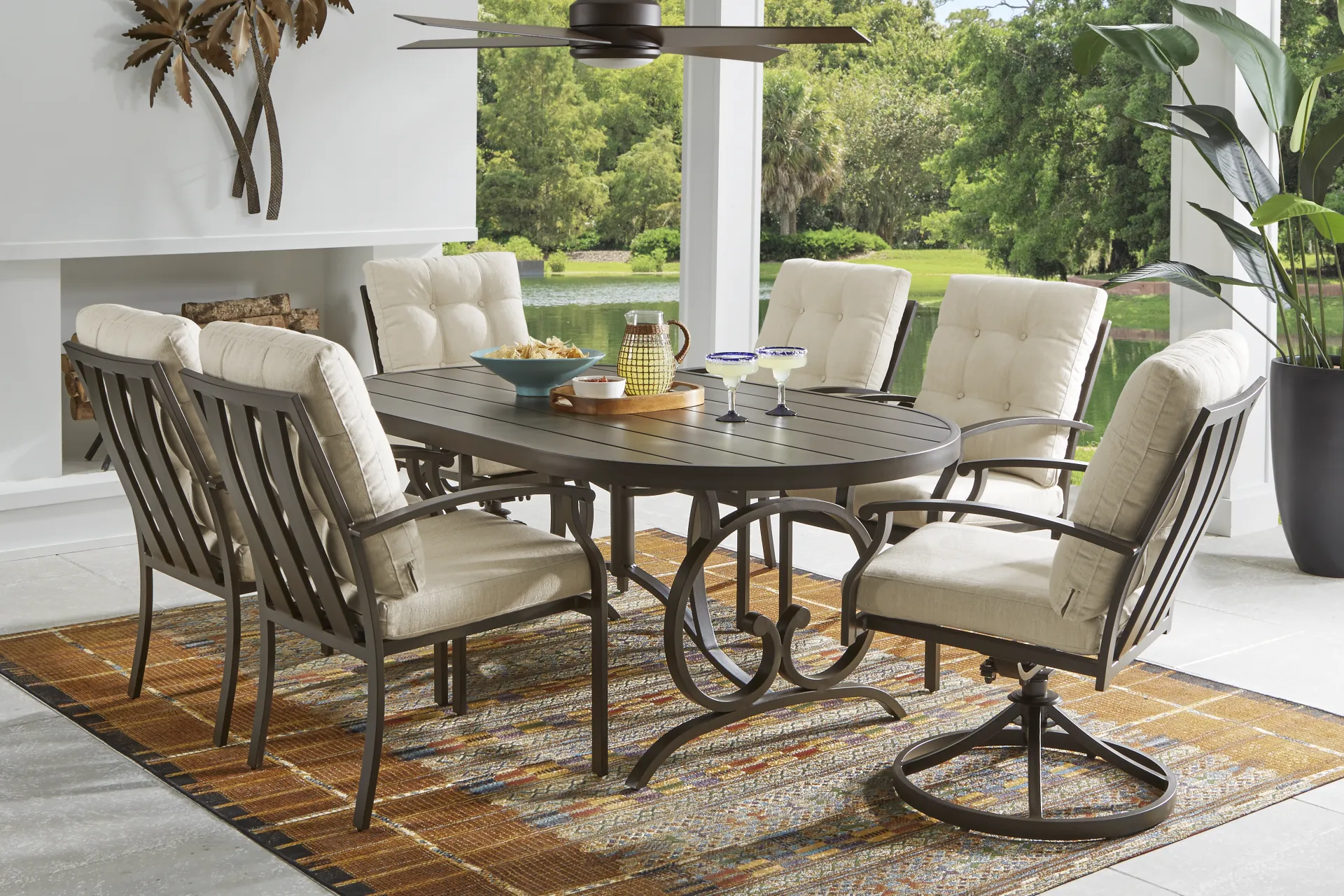 Lake Breeze Aged Bronze Outdoor Dining Chair with Parchment Cushions - Image 1