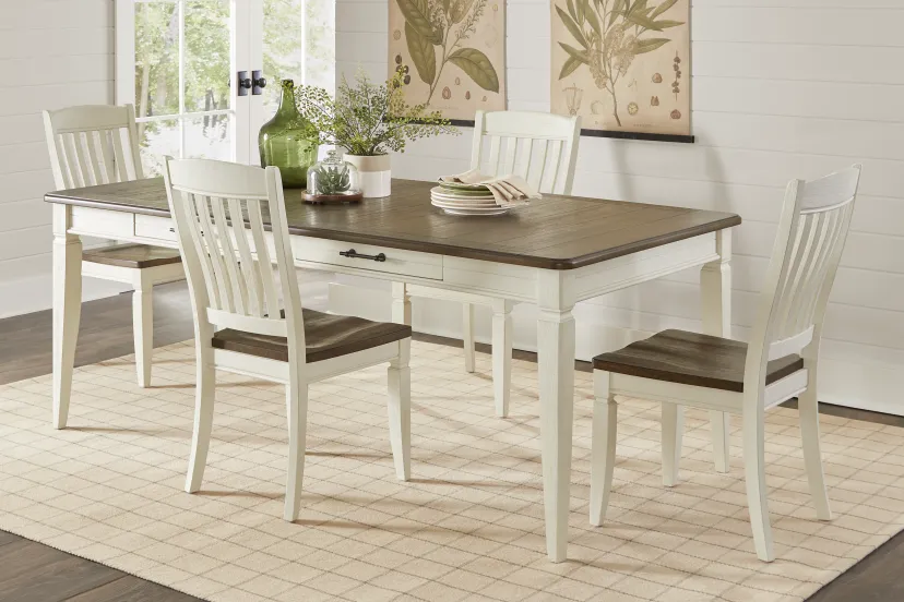 Country Lane Antique White 5 Pc Rectangle Dining Room with Slat Back Chairs