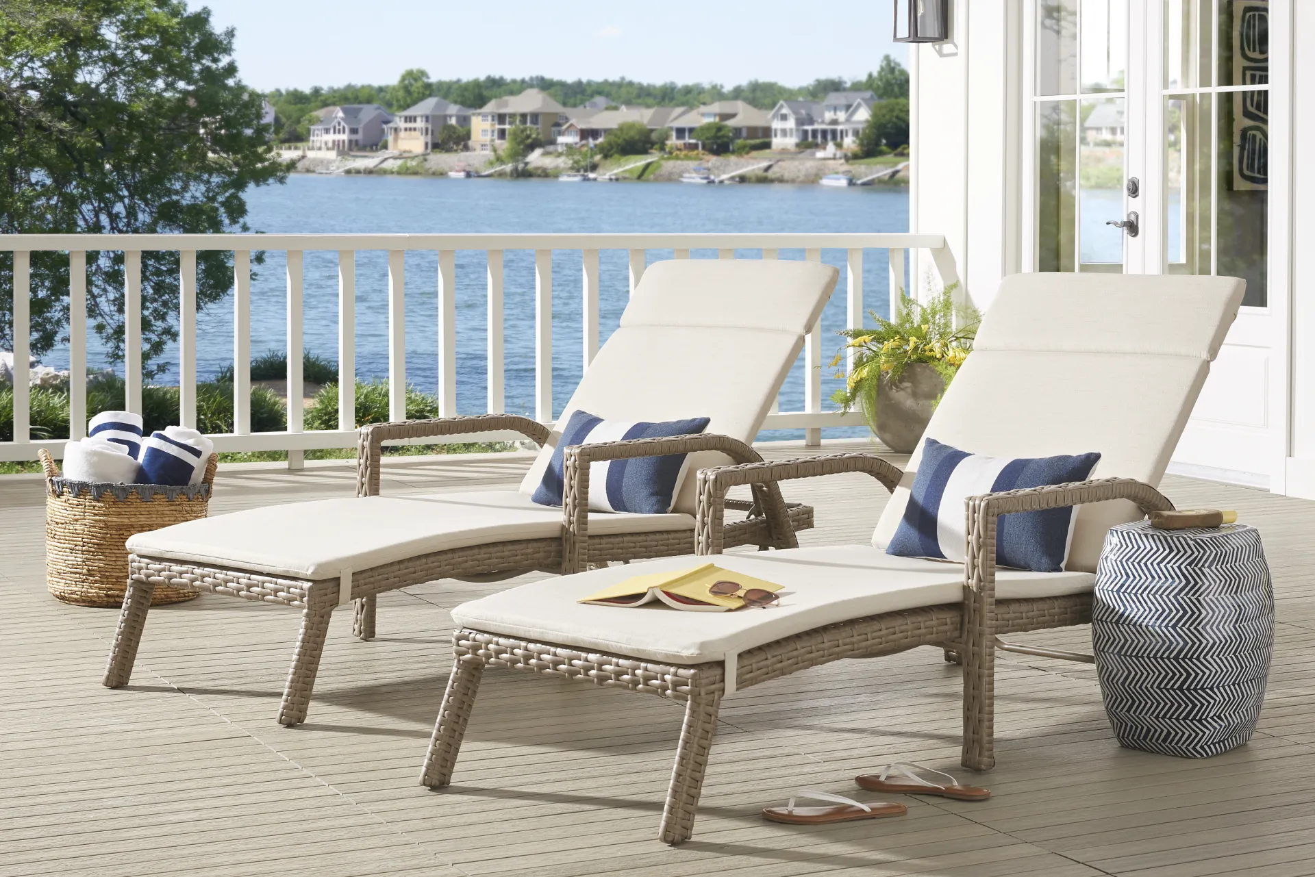 Siesta Key Driftwood Finish Outdoor Chaise with Linen Cushions, Set of 2 - Image 1