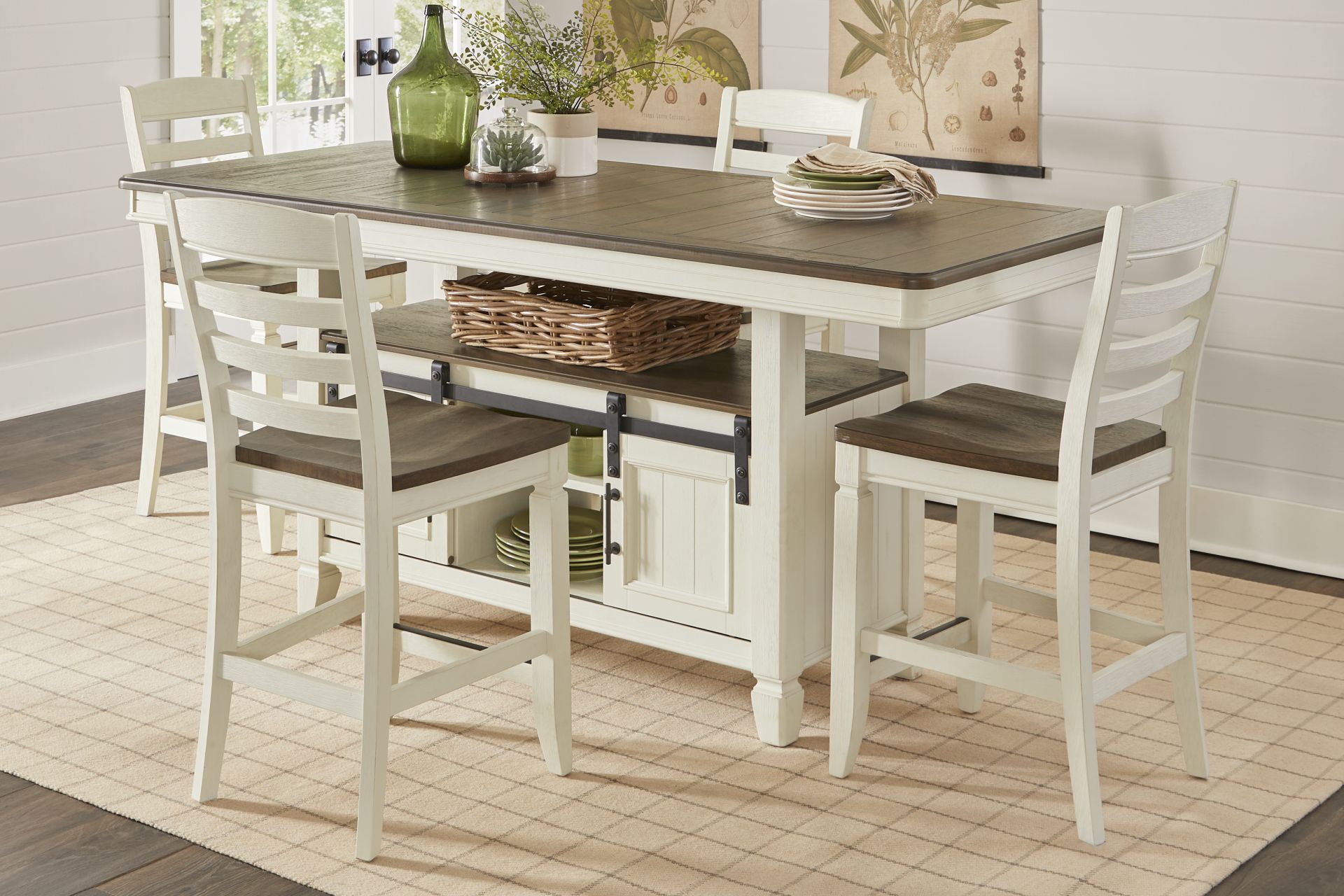 Country Lane Antique White 5 Pc Counter Height Storage Dining Room with Ladder Back Stools - Image 1