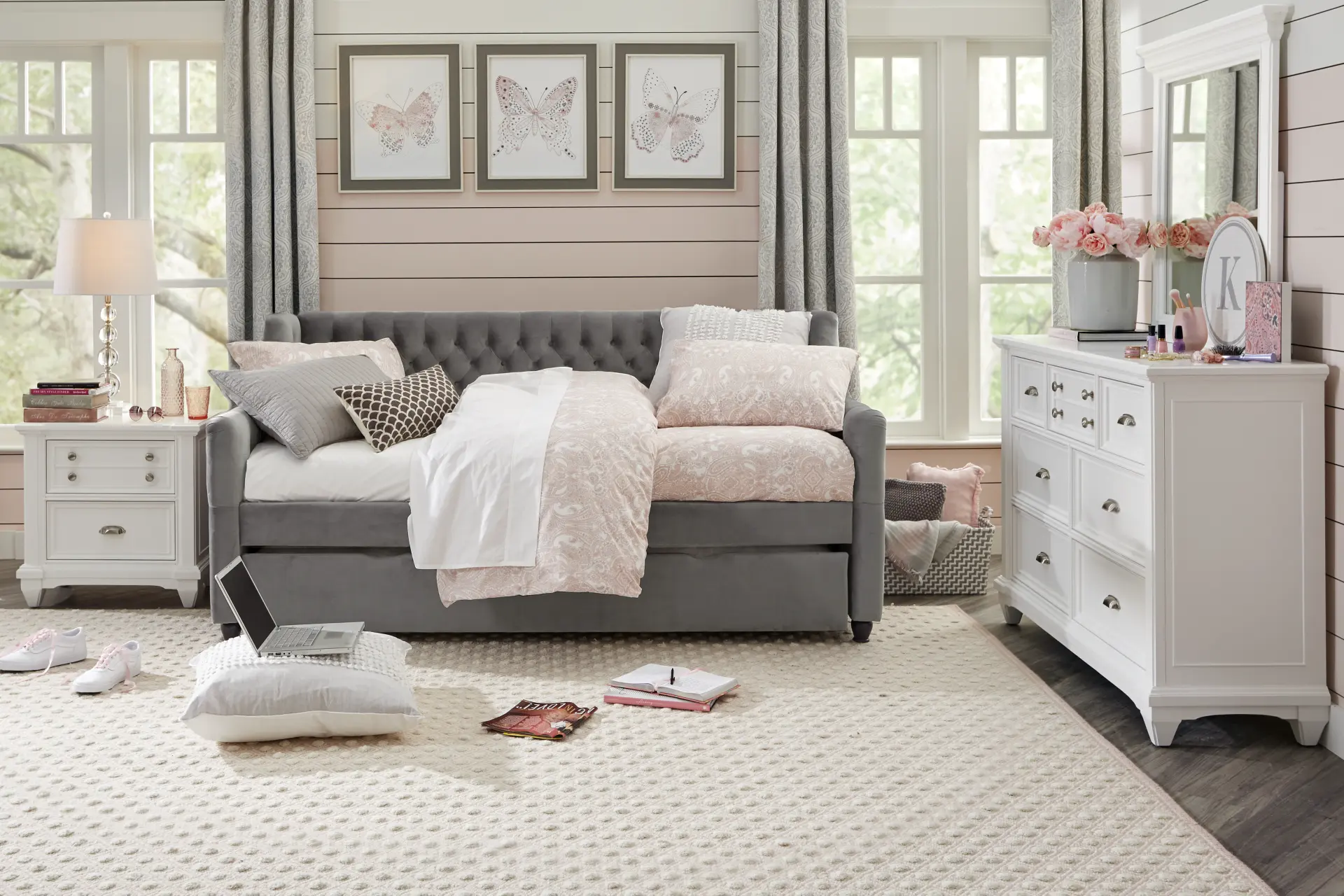 Hilton Head Kids White Bedroom with Alena Charcoal Twin Upholstered Daybed