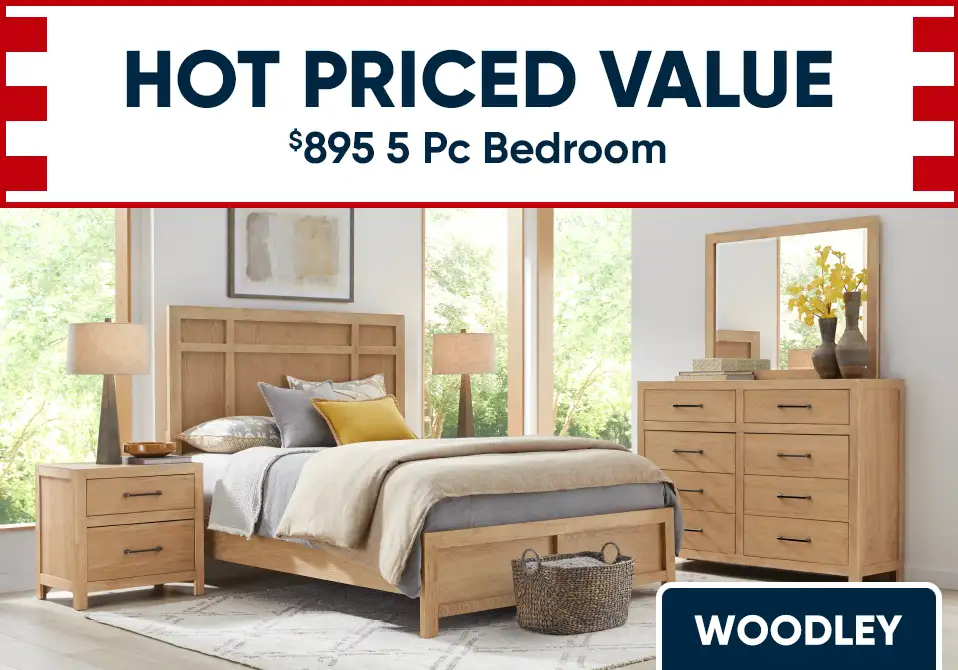 HOT PRICED VALUE $895 5 Pc Bedroom. Bedroom set with bed, nightstand, dresser, and mirror.
