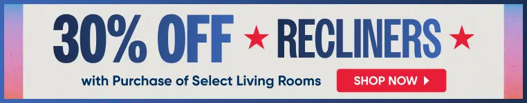 30% OFF RECLINERS with Purchase of Select Living Rooms. A light gray sectional sofa and matching recliner in a living room.